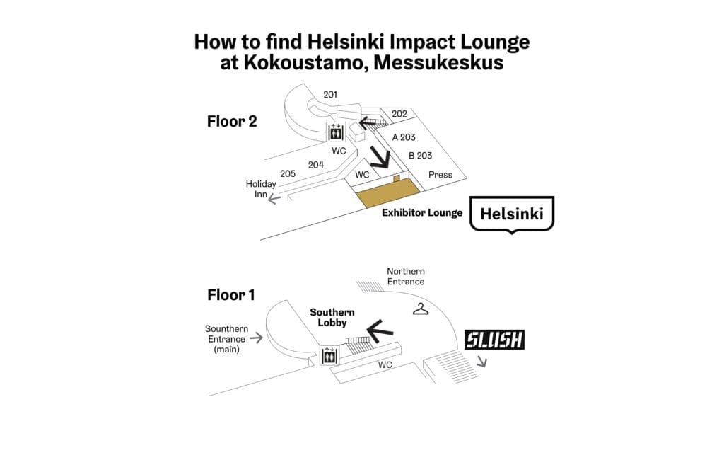 Map to Helsinki Impact Lounge. How to find the venue: In the Southern Lobby of Messukeskus, take the elevator or stairs to the second floor. From the elevator, turn right. From the stairs, turn left. Go straight, and you'll see the Lounge ahead of you. If you're coming from Holiday Inn, take the elevator or stairs to the second floor, and follow signs.